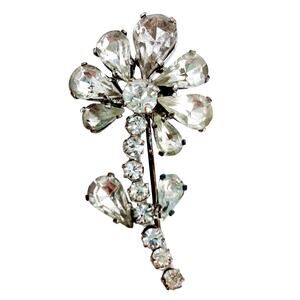 Vintage Signed Czecho Floral Brooch, Open Back Rhinestones